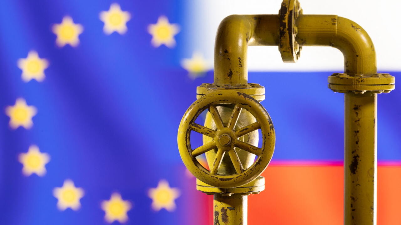 Illustration shows natural gas pipeline in front of word EU and Russia flag colours