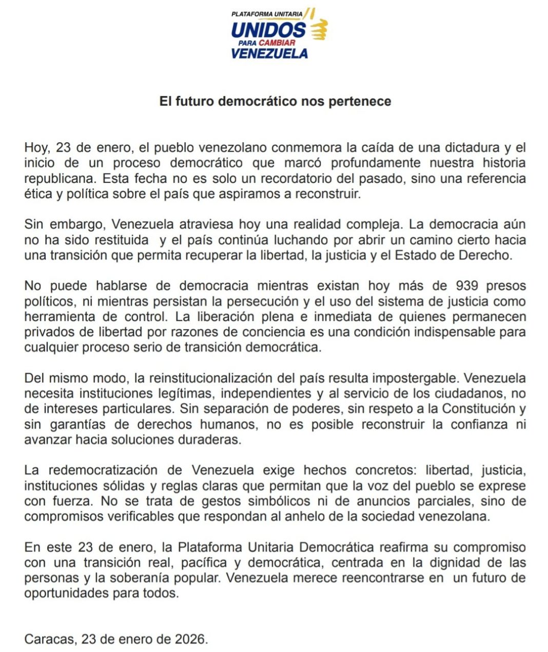 Plataforma Unitaria subraya que la redemocratización de Venezuela ...