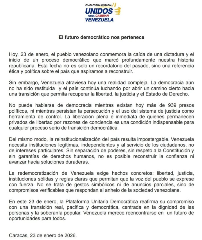 Plataforma Unitaria subraya que la redemocratización de Venezuela ...